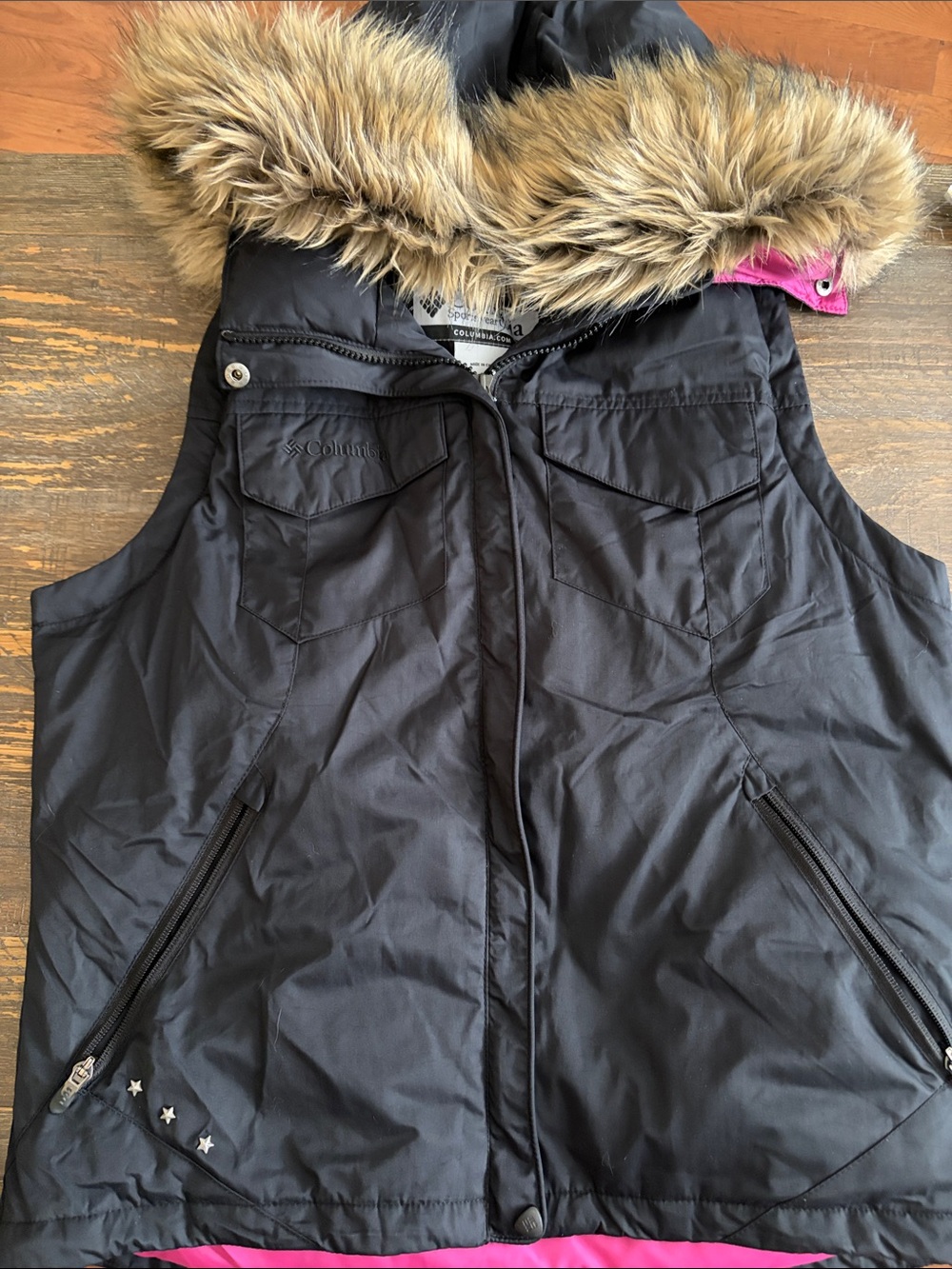 Columbia Black Hooded Vest with Faux-Fur Trim and Pink Lining